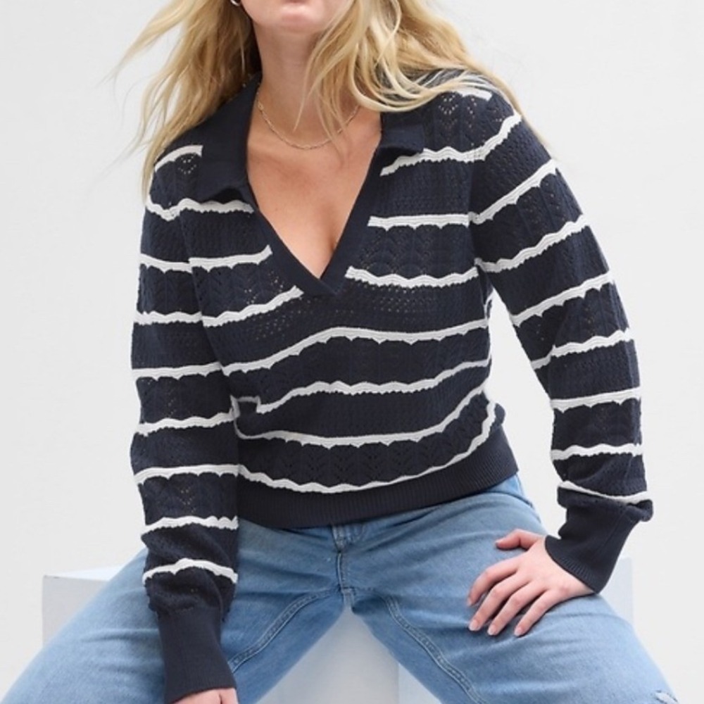 Gap Pointelle Crochet Striped Navy White Polo Sweater Women L Coastal Preppy
